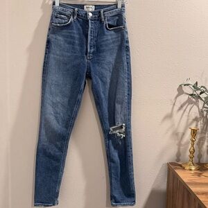 Agolde Women’s 25 Blue Nico High Rise Slim Fit Button Fly Distressed Denim Jeans